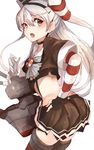  absurdres adapted_costume amatsukaze_(kantai_collection) asymmetrical_gloves choker cowboy_shot crop_top elbow_gloves fang fingerless_gloves from_behind garter_straps gloves hair_tubes hand_on_hip headgear highres kantai_collection long_hair looking_at_viewer looking_back open_mouth ranf rensouhou-kun short_sleeves silver_hair simple_background skirt solo striped striped_gloves thighhighs two_side_up uneven_eyes white_background white_gloves yellow_eyes 