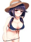  adapted_costume ahoge bare_shoulders bikini bikini_pull blush breasts cleavage collarbone don_(29219) front-tie_bikini front-tie_top hair_flaps hat kantai_collection large_breasts long_hair looking_at_viewer low_twintails navel purple_hair red_eyes simple_background smile solo sun_hat swimsuit taigei_(kantai_collection) twintails white_background 