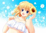  :d alternate_hairstyle bikini bikini_top blonde_hair blue_eyes flower frilled_bikini frills hair_flower hair_ornament maekawa_suu open_mouth side_ponytail smile solo sunflower swimsuit umineko_no_naku_koro_ni ushiromiya_jessica 