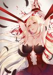  armpits arms_up bare_shoulders blonde_hair blood bound bound_wrists breasts cleavage collarbone dress highres huge_breasts kiss-shot_acerola-orion_heart-under-blade kizumonogatari long_hair monogatari_(series) pointy_ears sleeveless sleeveless_dress solo tears wukloo yellow_eyes 