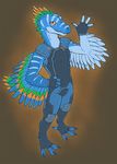  4_fingers anthro archeopteryx blue_fur clothed clothing feathered_arms feathers fingerless_gloves fur gloves looking_at_viewer male orange_eyes simple_background smile solo teeth vader-san 