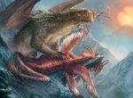  claws corpse death dragon eating feathered_dragon feathered_wings feathers feral frill landscape long_neck long_tail macro magic_the_gathering mountain multi_wing official_art quadruped ryan_barger scalie solo sun sunset wings 