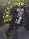  2016 abs anthro armband biceps claws convenient_censorship detailed_background dewclaw digital_media_(artwork) digitigrade dinosaur glowing hekar hi_res high-angle_view looking_at_viewer male muscular muscular_male nude pecs raccoon21 reptile scalie shower signature smile solo spikes toe_claws towel wet yellow_eyes 