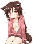  animal_ears breasts cardigan ears_down flying_sweatdrops hood hoodie imaizumi_kagerou long_hair naked_cardigan naked_hoodie natsu_no_koucha open_cardigan open_clothes red_eyes sitting small_breasts solo sweat sweater tail touhou wolf_ears wolf_tail 