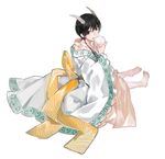  1boy barefoot black_eyes black_hair child chinese_clothes eyeshadow facial_mark full_body hakutaku_(hoozuki_no_reitetsu) hoozuki_no_reitetsu horns kunimitsu looking_at_viewer makeup male_focus simple_background single_earring solo tongue tongue_out traditional_clothes white_background younger 