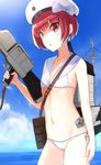  :o bare_shoulders bikini blue_sky blush_stickers clothes_writing cloud cowboy_shot day flat_chest groin gun hat holding holding_gun holding_weapon kantai_collection machinery navel outdoors red_eyes sailor_bikini sailor_collar sailor_hat short_hair side-tie_bikini sky solo swimsuit weapon weasel_(close-to-the-edge) white_bikini white_hat z3_max_schultz_(kantai_collection) 