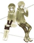 1boy 1girl :p anzu_(o6v6o) book_on_lap boots cabbie_hat coat double-breasted dual_persona genderswap genderswap_(ftm) glasses gumi gumiya hand_in_pocket hat invisible_chair long_sleeves monochrome pants pantyhose plaid plaid_pants scarf sepia short_hair_with_long_locks short_over_long_sleeves short_sleeves single_earphone_removed sitting tongue tongue_out vocaloid 
