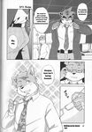  anthro building canine clothing comic doujinshi english_text eyewear feline fruitz glasses hair inside kemono male mammal necktie open_mouth suit text tiger 