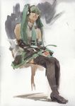  black_footwear boots full_body hatsune_miku highres long_hair misawa_hiroshi sitting solo thigh_boots thighhighs traditional_media vocaloid watercolor_(medium) 