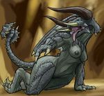  2016 anthro anthrofied black_diablos breasts capcom diablos_(mh) female horn monster_hunter nipples nude oniontrain open_mouth pussy solo spikes tongue video_games wyvern 