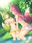  :d ^_^ animal_ear_fluff animal_ears bikini bikini_skirt bracelet breasts cleavage closed_eyes commentary day flower forest fox_ears fox_tail frilled_bikini frills grass green_hair hair_flower hair_ornament highres jewelry medium_breasts multiple_girls nature navel open_mouth original outdoors pink_hair pointing pointing_at_self profile red_eyes sasaame scrunchie short_hair sitting smile soaking_feet swimsuit tail tree water white_bikini wrist_scrunchie yellow_bikini 