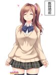  :3 agawa_ryou amagamido breasts brown_hair closed_eyes cowboy_shot highres kumi_(amagamido) large_breasts long_hair one_side_up original plaid plaid_skirt pleated_skirt school_uniform skirt solo thighhighs translated zettai_ryouiki 