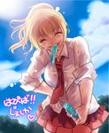  ^_^ blonde_hair closed_eyes food hand_on_hip happy_birthday koougi mouth_hold necktie ponytail popsicle skirt sleeves_rolled_up smile solo translated umineko_no_naku_koro_ni ushiromiya_jessica 