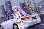  absurdres ahoge bad_id bad_pixiv_id bibendum brown_eyes building car commentary_request detached_sleeves ferris_wheel ground_vehicle highres isla_(plastic_memories) long_hair looking_at_viewer michelin motor_vehicle name_tag plastic_memories purple_hair skyscraper solo tianyu_jifeng tire toyota toyota_reiz twintails 