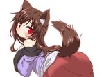  animal_ears bare_shoulders blouse blush flying_sweatdrops from_behind imaizumi_kagerou long_hair looking_at_viewer looking_back natsu_no_koucha off_shoulder red_eyes red_skirt skirt solo sweat tail touhou wolf_ears wolf_tail 