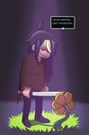  bandage black_hair buddy_armstrong_(character) clothing english_text flowey_the_flower hair lisa_the_joyful_(copyright) melee_weapon poncho scar simple_background sugarkills_(artist) sword text undertale video_games weapon 