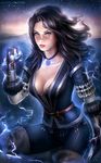  1girl blue_eyes boots breasts choker cleavage fur gloves lightning lips madeleineink necklace pants shirt solo star the_witcher yennefer 