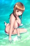  bikini breasts brown_eyes brown_hair cleavage eyebrows highres kannagi_shiori large_breasts long_hair looking_at_viewer red_bikini school_girl_strikers sitting smile solo swimsuit wariza yuuki1103 