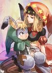  1girl armor blonde_hair blue_eyes blush cornelius_(odin_sphere) highres hood long_hair nao_(kanamori24) odin_sphere pooka_(odin_sphere) sitting sitting_on_lap sitting_on_person thighhighs velvet_(odin_sphere) 