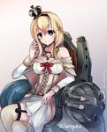  aoi_tsukikage blonde_hair blue_eyes braid breasts crown dress french_braid garter_straps hairband kantai_collection large_breasts long_hair long_sleeves machinery mini_crown off_shoulder sitting solo thighhighs throne warspite_(kantai_collection) white_dress 