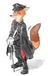  2016 anthro boots canine cape clothing disney footwear fox gloves green_eyes hat mammal melee_weapon military_uniform nick_wilde simple_background sword uniform unknown_artist weapon zootopia 