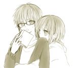  1boy 1girl anzu_(o6v6o) blush book dual_persona genderswap genderswap_(ftm) glasses gumi gumiya hetero holding holding_book hood hood_down hooded_jacket hug hug_from_behind jacket long_sleeves monochrome open_book open_mouth selfcest sepia shirt short_hair sweatdrop upper_body v-shaped_eyebrows vocaloid 