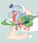  1girl blush eyes_closed female flower glo-s-s green_hair hair_flower hair_ornament highres implied_masturbation insertion ladle lip_biting mao_(pokemon) masturbation overalls pokemon pokemon_(game) pokemon_sm pussy_juice pussy_juice_string pussy_juice_trail shiny shiny_skin simple_background solo sweat twintails 