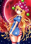  absurdres american_flag_dress american_flag_legwear ass blonde_hair breasts clownpiece commentary_request dress fire hat highres jester_cap long_hair medium_breasts microdress purple_eyes short_sleeves skindentation suigetsu_(watermoon-910) thighhighs torch touhou 