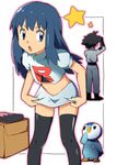  alternate_costume black_gloves blue_eyes blue_hair cosplay crop_top dark_blue_hair dressing gen_4_pokemon gloves hikari_(pokemon) implied_pantyshot long_hair midriff miniskirt musashi_(pokemon) musashi_(pokemon)_(cosplay) natsunagi_takaki piplup pokemon pokemon_(anime) pokemon_(creature) pokemon_dp_(anime) satoshi_(pokemon) sidelocks skirt star team_rocket thighhighs uniform 