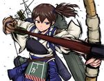  aiming armor arrow bow_(weapon) brown_eyes brown_hair drawing_bow gloves hamu_agaki holding holding_arrow holding_bow_(weapon) holding_weapon japanese_clothes kaga_(kantai_collection) kantai_collection machinery muneate outstretched_arm quiver side_ponytail solo weapon wide_sleeves 