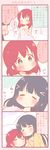  4koma after_bath bangs black_hair blue_eyes blush closed_eyes comic hair_down hair_ribbon holding holding_towel kurosawa_dia kurosawa_ruby long_hair love_live! love_live!_sunshine!! mole mole_under_mouth multiple_girls naked_towel pajamas pillow red_hair ribbon saku_usako_(rabbit) siblings sisters sleeping smile steam towel translated wet wet_hair 