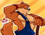  2014 canine chest_tuft clothing male mammal muscular muscular_male one_eye_closed overalls tuft waddledox wink wolf wuffle wuffle_(webcomic) 