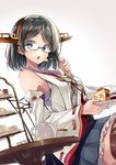  bare_shoulders blurry breasts brown_hair cake depth_of_field detached_sleeves eating food fork fruit glasses green-framed_eyewear grey_eyes kakao_rantan kantai_collection kirishima_(kantai_collection) medium_breasts nontraditional_miko open_mouth pleated_skirt ribbon-trimmed_sleeves ribbon_trim short_hair simple_background skirt solo strawberry teapot thighhighs 