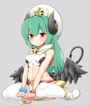  1girl arcana_trust belt black_wings blush boots capelet covered_nipples crop_top demon_girl demon_horns demon_tail green_hair grey_background hat horns long_hair looking_at_viewer low_wings midriff navel nimu_(aruka7x21) pointy_ears red_eyes shinrabanshou short_shorts shorts simple_background sitting solo tail thighhighs wariza white_legwear wings 