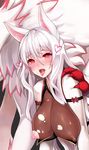  animal_ears bad_id bad_twitter_id bare_shoulders blush breasts claws covered_nipples fox_ears full-face_blush furry grimgrim heart highres implied_sex large_breasts looking_at_viewer nipples orange_eyes original saliva see-through solo_focus tongue tongue_out torn_clothes white_hair 