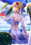  artoria_pendragon_(all) artoria_pendragon_(swimsuit_archer) ass barefoot beach beach_umbrella bikini blonde_hair braid fate/grand_order fate_(series) flower food from_behind fruit green_eyes grin hair_flower hair_ornament hibiscus highres kneeling lip-mil long_hair sandals_removed smile solo swimsuit umbrella watermelon 