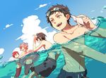  ^_^ atsushi_toushirou black_hair brown_hair closed_eyes goggles goggles_on_head gotou_toushirou grey_eyes gyuunyuu_(mashika) highres innertube male_focus male_swimwear multiple_boys open_mouth partially_submerged purple_eyes red_hair seashell shell shinano_toushirou smile swim_trunks swimming swimwear touken_ranbu water yagen_toushirou 