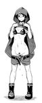  belt blush boots bra breasts greyscale hood kantai_collection looking_at_viewer medium_breasts mogami_(kantai_collection) monochrome nathaniel_pennel navel panties panty_pull pubic_hair raincoat raincoat_lift rubber_boots short_hair shorts shorts_pull smile solo sweat underwear 