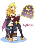  ahoge blonde_hair blue_eyes book book_stack breasts cape character_name circlet cleavage fire_emblem fire_emblem_if full_body high_heels holding holding_book indoors large_breasts long_hair looking_at_viewer open_book open_mouth ophelia_(fire_emblem_if) shira_yu_ki sitting solo window 