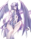  blue-eyes_white_dragon breasts bright_pupils closed_mouth dragon_girl dragon_horns dragon_tail dragon_wings grey_hair hair_between_eyes head_tilt highres horns invisible_chair long_hair looking_at_viewer maruchi pelvic_curtain personification purple_eyes revealing_clothes simple_background sitting small_breasts solo tail very_long_hair white_background wings yuu-gi-ou 