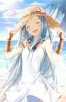  :d ^_^ beach blue_hair blurry blush choker closed_eyes cloud day depth_of_field dress granblue_fantasy hand_on_headwear hat head_tilt hikaster long_hair lyria_(granblue_fantasy) open_mouth outdoors palm_tree sky sleeveless sleeveless_dress smile solo sun_hat tree very_long_hair water white_dress 