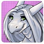  alpha_channel belly_scales border briz dragon female furcadia green_eyes grey_scales hair headshot_portrait horn icon long_hair overbite portrait scales sharp_teeth smile teeth theowlette white_border white_hair 