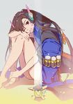  artist_name bangs barefoot blue_jacket breasts brown_eyes brown_hair chkuyomi d.va_(overwatch) explosive eyebrows eyebrows_visible_through_hair facepaint facial_mark feet finger_to_mouth grenade hand_on_ankle hand_on_foot headphones jacket knees_up leg_hug long_hair long_sleeves looking_at_viewer medium_breasts naked_coat one_eye_closed overwatch sitting soldier:_76_(overwatch) solo toes whisker_markings 