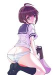  1girl ahoge ass blush breasts brown_eyes brown_hair butt_crack danganronpa erect_nipples highres kneehighs kneeling looking_at_viewer looking_back megaphone naegi_komaru no_pants panties rurukichi school_uniform serafuku shiny shiny_hair shiny_skin short_hair sideboob smile solo underwear zettai_zetsubou_shoujo 