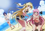  absurdres ahoge beach bikini blonde_hair blue_eyes blue_hair day detexted green_eyes highres hiramaki_daisuke kneeling konjiki_no_yami lala_satalin_deviluke long_hair multiple_girls oka_yuuichi outdoors peke pink_hair print_sarong sairenji_haruna sarong short_hair swimsuit tail third-party_edit to_love-ru 