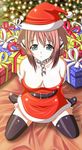  bare_shoulders black_legwear box breasts chain christmas christmas_lights cleavage collar gift gift_box gift_wrapping green_eyes hat highres ikaros large_breasts pink_hair robot_ears santa_costume santa_hat seraphina short_hair sitting solo sora_no_otoshimono thighhighs wariza 