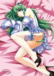  absurdres ass bare_shoulders blue_eyes blush detached_sleeves frog garter_straps green_hair green_panties hair_ornament high_heels highres kochiya_sanae legs long_hair long_legs lying on_side panties pantyshot pantyshot_(lying) shoes solo thighhighs touhou underwear white_legwear zixia_(msl) 