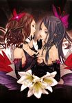  black_hair breast_press breasts brown_hair bug butterfly choker couple elbow_gloves face-to-face fingerless_gloves flower gloves highres holding_hands insect lace lace_choker long_hair magnet_(vocaloid) medium_breasts multiple_girls open_mouth original redjuice symmetrical_docking tongue vocaloid yuri 