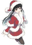  amagami ayatsuji_tsukasa bad_id bad_pixiv_id black_eyes black_hair boots full_body hat highres kimura_daisuke long_hair open_mouth pantyhose santa_costume santa_hat simple_background smile solo 