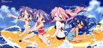  2000s_(style) 4girls ;3 absurdres barefoot bikini blue_hair copyright_name glasses highres hiiragi_kagami hiiragi_tsukasa izumi_konata lucky_star magazine_scan megami_magazine multiple_girls nishiya_futoshi ocean official_art one_eye_closed pale_skin photoshop_(medium) pink_hair purple_hair riding riding_shark scan swimsuit takara_miyuki 